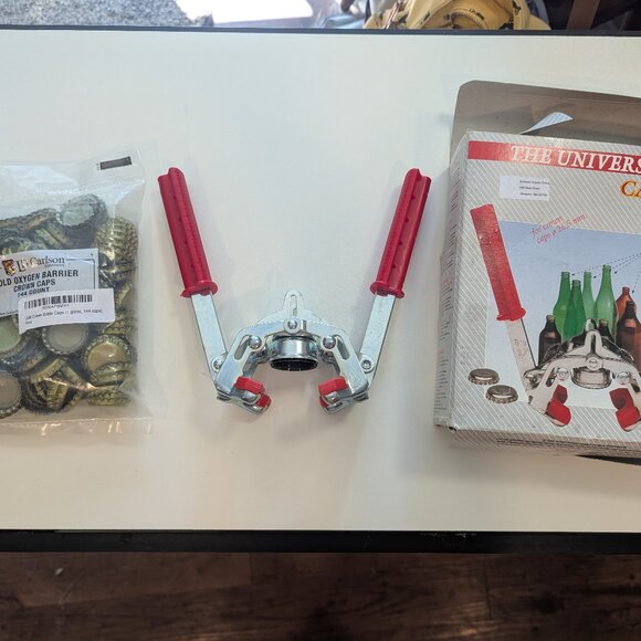 The Universal Capper + 144 LD Carlson Company Gold Oxygen Barrier Crown Caps - Picture 1 of 1